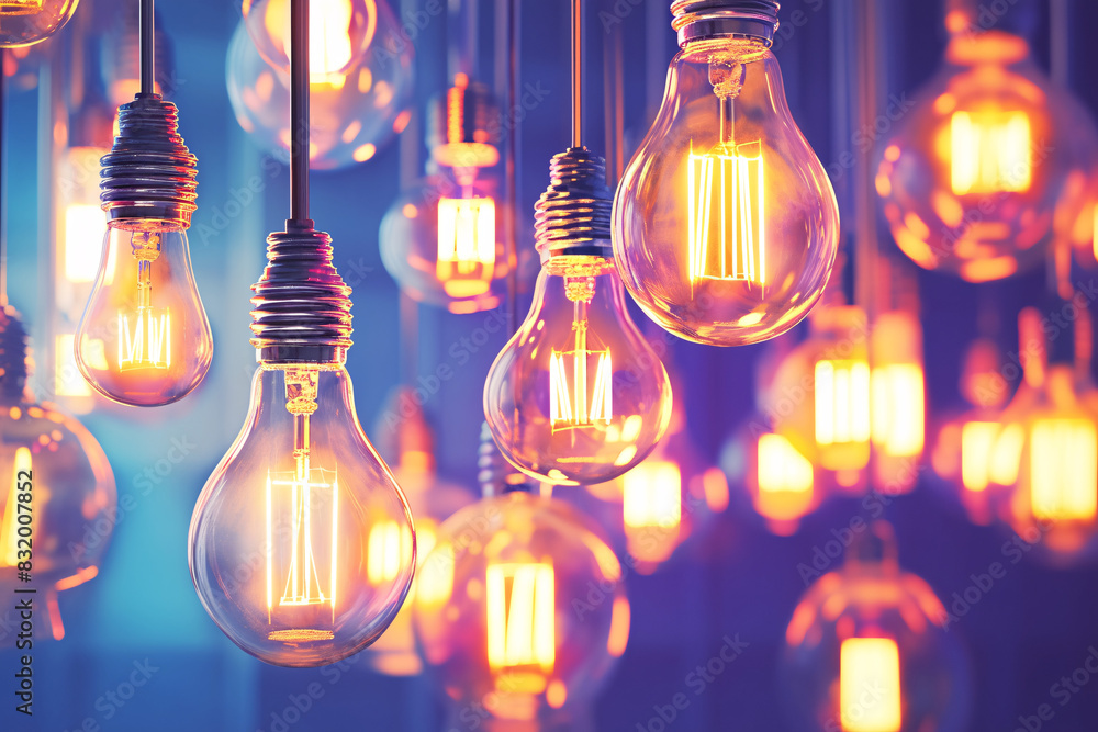 Multiple lightbulbs glowing warmly against a dark background creating a vibrant atmosphere Multiple lightbulbs glowing warmly against a dark background creating a vibrant atmosphere