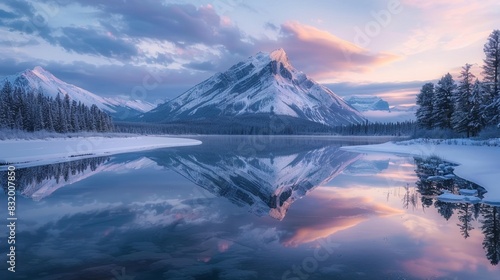 A snow-covered mountain is reflected in a lake at dusk.