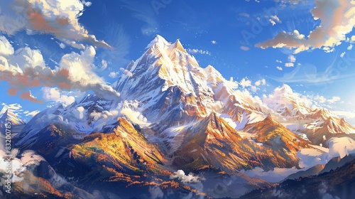 a snow-capped mountain range against a blue sky with white clouds. The mountains have a golden hue from the sunlight.