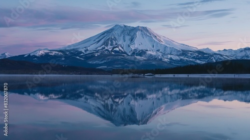 A snow-covered mountain is reflected in a lake at dusk. photo