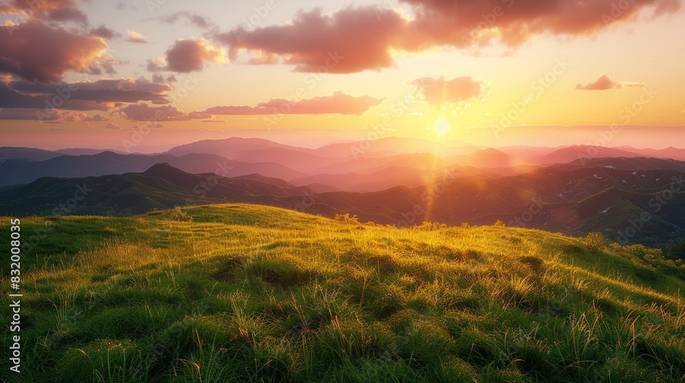 A sunset over a grassy hill with mountains in the background.