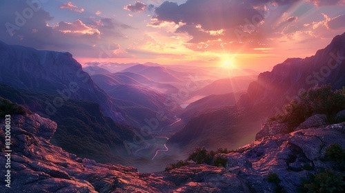 A sun setting over a mountain valley  as seen from a rocky outcropping