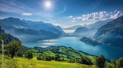 a valley with a large lake  surrounded by mountains. The sky is blue  and the sun is shining brightly. There are green pastures on the valley floor.