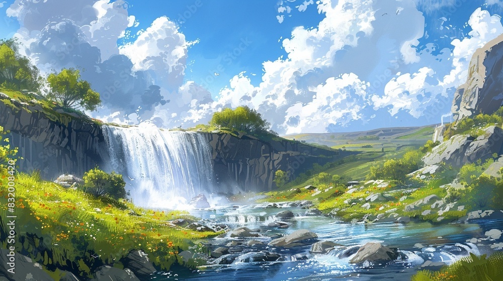A waterfall cascades into a river below, surrounded by a grassy field and a blue cloudy sky.