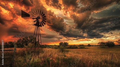 A windmill in a field with a dramatic sky in the background.