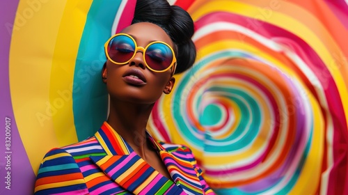 Portrait of retro black woman in sunglasses and vivid jacket with visual distortion effect on background, striking portrait with bold colors stripes and waves in pop art style, AI generated image