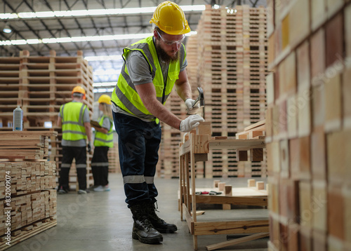 Young adult carpenter hammering nail hardwood at wooden pallet factory. Male industrial engineer wearing safety uniform and yellow hard hat working using hammer nail to on plank at carpentry workshop. photo