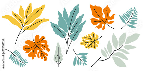 Collection of tropical leaves. Vector illustration.