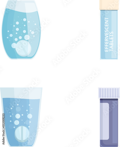 Four illustrations showcasing effervescent tablets and their fizzy reaction in water