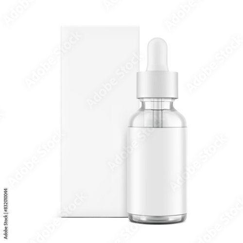 Realistic paperboard packaging box mockup with dropper bottle mockup isolated on white background. Vector illustration. Сan be used for cosmetic, medical and other needs. EPS10.