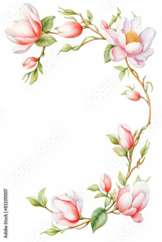 Magnolia Garland, Watercolor Floral Border, watercolor illustration, isolated on white background photo