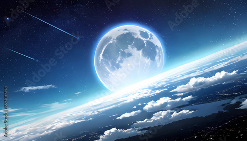 Artistic illustration. Space landscape, where you can see the orbit of the earth and the moon with flying comets photo
