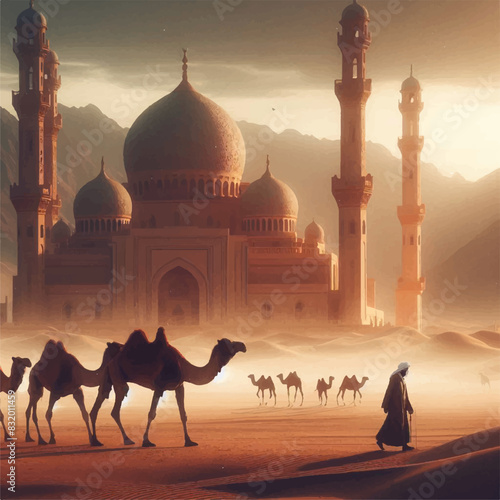 Camel shepperd and mosque in desert