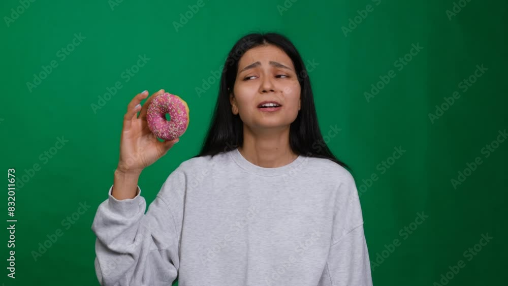 Woman contemplates a tasty yet unhealthy meal featuring a delicious donut. The choice highlights the diet dilemma between junk food and the risk of health problems like diabetes. Woman contemplates a tasty yet unhealthy meal featuring a delicious donut. The choice highlights the diet dilemma between junk food and the risk of health problems like diabetes.