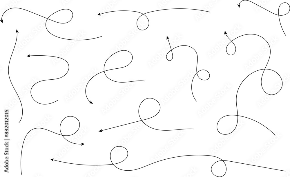 Hand drawn arrows. Hand drawn freehand different curved lines, swirls arrows. Curved arrow line. Doodle, sketch style. Isolated Vector illustration. Hand drawn arrows. Hand drawn freehand different curved lines, swirls arrows. Curved arrow line. Doodle, sketch style. Isolated Vector illustration.