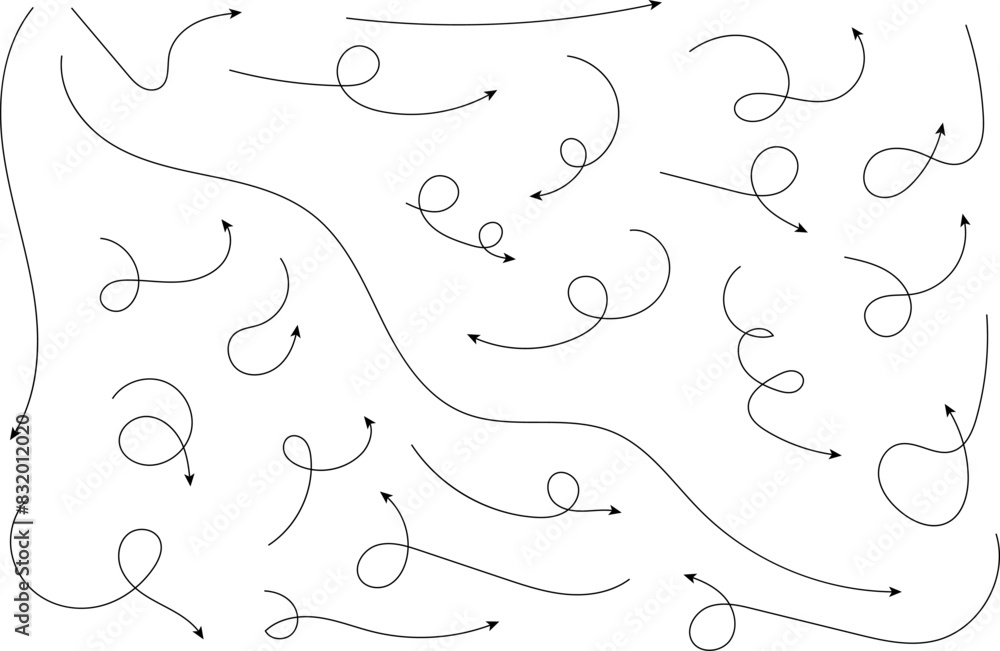 Hand drawn arrows. Hand drawn freehand different curved lines, swirls arrows. Curved arrow line. Doodle, sketch style. Isolated Vector illustration.