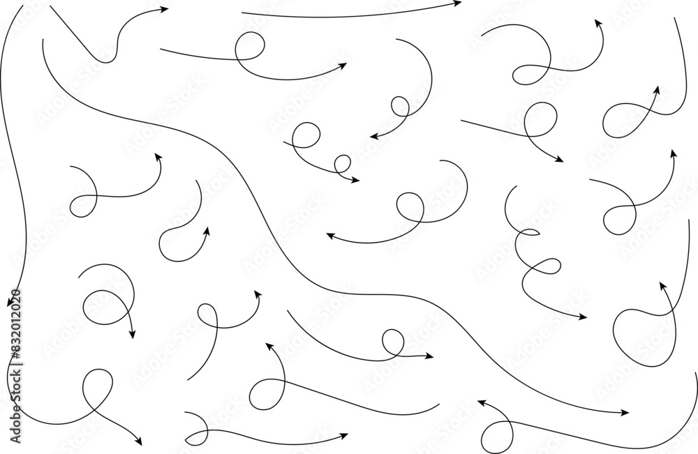 Hand drawn arrows. Hand drawn freehand different curved lines, swirls arrows. Curved arrow line. Doodle, sketch style. Isolated Vector illustration. Hand drawn arrows. Hand drawn freehand different curved lines, swirls arrows. Curved arrow line. Doodle, sketch style. Isolated Vector illustration.