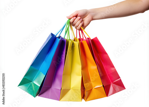 Hand with paper colorful shopping bags on white background