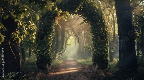 Enchanted Portal  Archway Veiled in Vines Amidst Fairy Tale Forest. Generative Ai