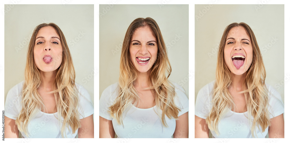 Collage, face and woman with emotions in studio on white background for fun, personality and funny. Female person, isolated and facial expression with collection, portrait with and feelings for meme Collage, face and woman with emotions in studio on white background for fun, personality and funny. Female person, isolated and facial expression with collection, portrait with and feelings for meme