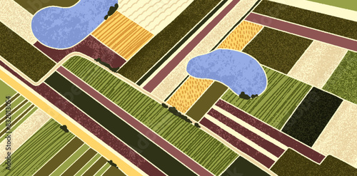 Agriculture field patches pattern. Farm land background. Aerial top view, countryside patchwork, crops on farmland, grassland and lake water. Natural landscape texture. Flat vector illustration