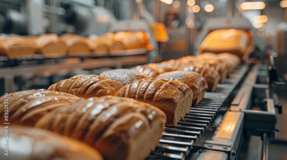 Modern factory conveyor belt, close-up view, bread being wrapped in packaging, efficient machinery and advanced technology in action Modern factory conveyor belt, close-up view, bread being wrapped in packaging, efficient machinery and advanced technology in action
