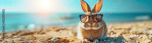 A cute rabbit wearing stylish sunglasses sits on a sandy beach, with the bright sun shining and the turquoise ocean in the background