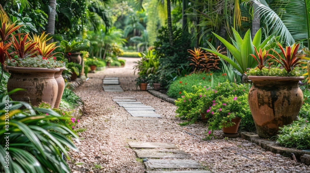 A beautiful garden with a stone path, lush green plants, and earth-tone flower pots creating a serene space A beautiful garden with a stone path, lush green plants, and earth-tone flower pots creating a serene space