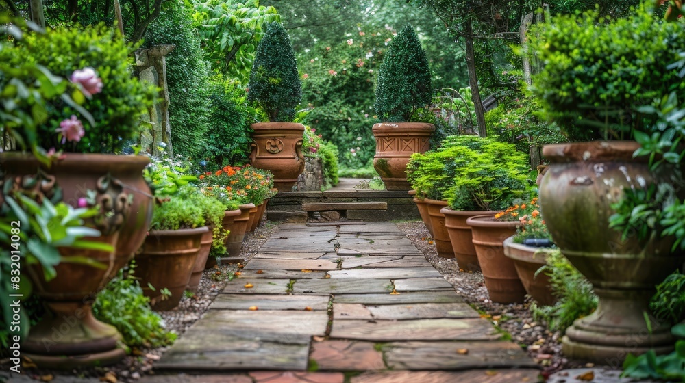 A beautiful garden with a stone path, lush green plants, and earth-tone flower pots creating a serene space A beautiful garden with a stone path, lush green plants, and earth-tone flower pots creating a serene space