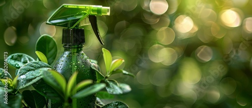 Isolated close-up of a green cleaning bottle with a leaf design, studio lighting, showcasing environmentally friendly cleaning concept against a green background