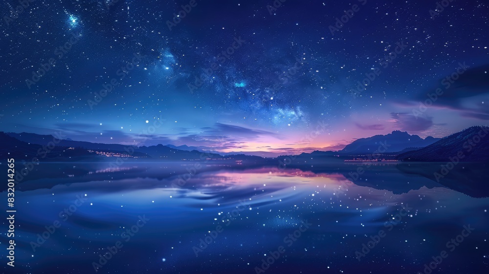 Fototapeta premium A beautiful, starry night sky over a calm lake, with the stars reflecting on the water's surface