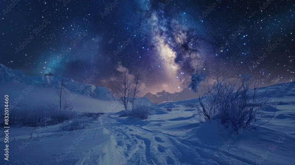 A beautiful, starry sky over a snowy landscape, with the stars casting a gentle glow on the snow-covered ground A beautiful, starry sky over a snowy landscape, with the stars casting a gentle glow on the snow-covered ground