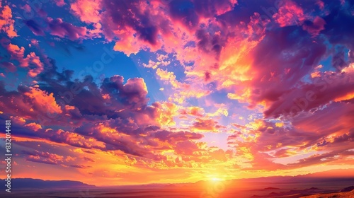 A beautiful sunset with a sky full of vibrant clouds, painted in shades of orange, pink, and purple by the setting sun
