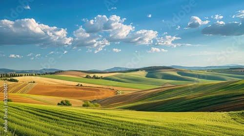 A beautiful view of a rolling countryside with fields in shades of green and brown under a blue sky