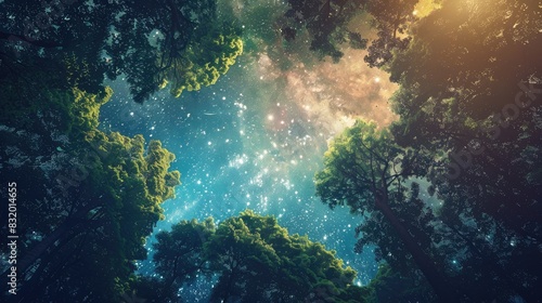 A beautiful view of a starry sky above a dense forest  with the stars shining brightly through the trees