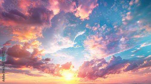 A breathtaking sunrise with colorful clouds scattered across the sky, bathed in warm, golden light