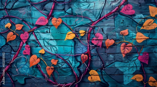 A graffiti wall with an abstract pattern of intertwining vines and leaves