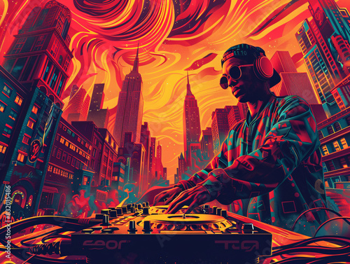 DJ at the turntable, overlay of a vibrant city nightlife scene and an area for text