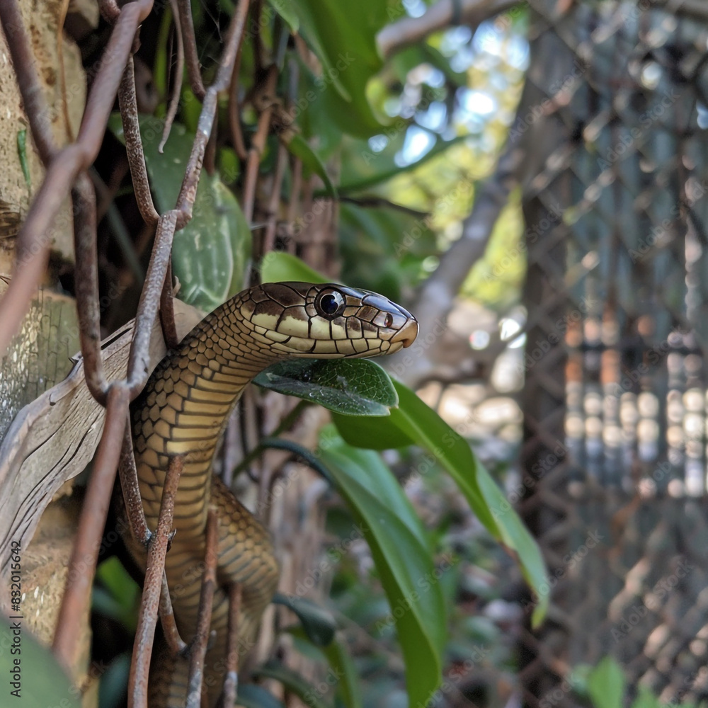 Naklejka premium garden snake slithering through fence gap into surbor