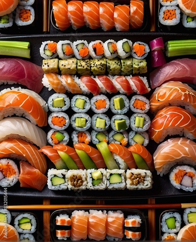 Sushi platter with various types of rolls on close-up. Generative AI