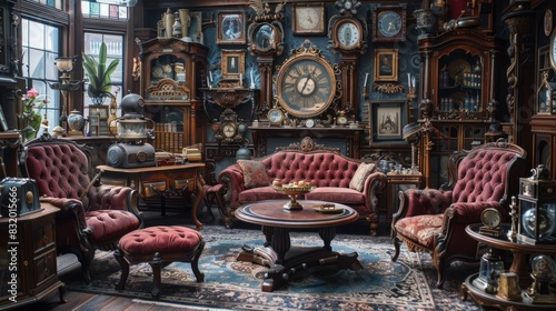 An elegant Victorian parlor adorned with rich mahogany furniture and plush velvet upholstery, featuring elaborate brass gadgets and gizmos adorning the walls. photo