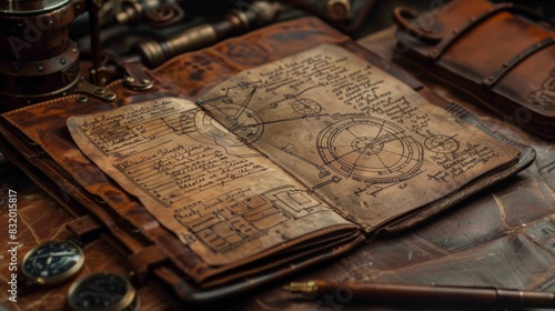 A close-up of a vintage leather-bound journal filled with handwritten notes and sketches of fantastical steam-powered contraptions. photo