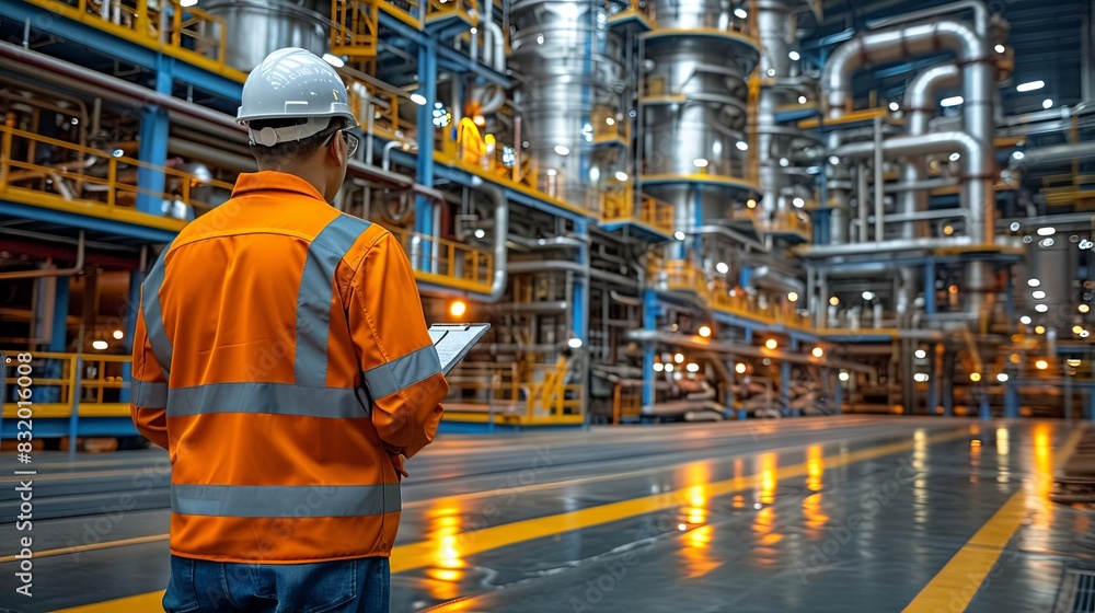 A man in an orange safety vest is standing in a large industrial building A man in an orange safety vest is standing in a large industrial building