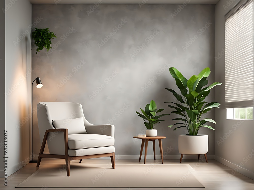 Fototapeta premium Living Room with Premium Rich Beige Accent Chair and Gray Plaster Stucco Wall. Modern Trend Interior Design for Office or Lounge. Microcement Texture. 3D Render.