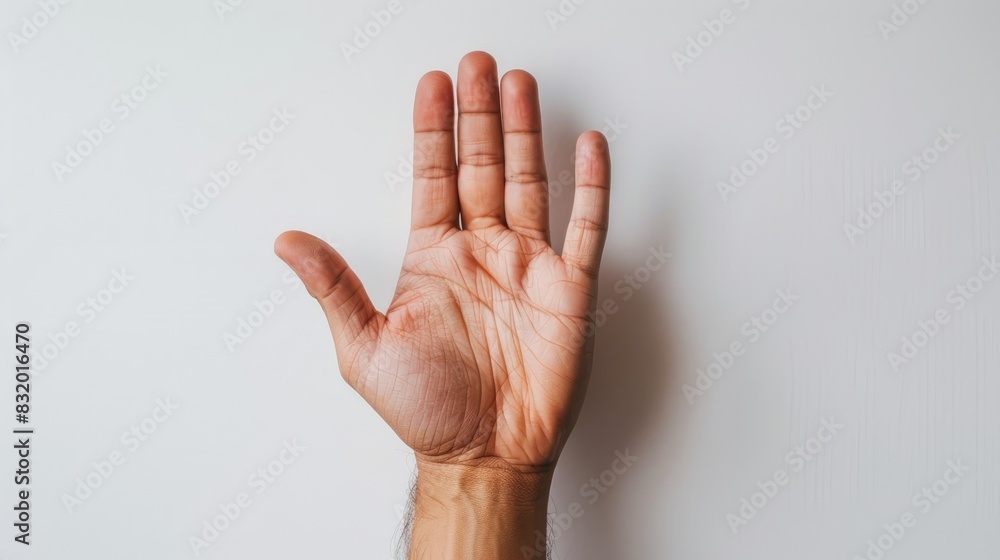 Hand placed against a white backdrop Hand placed against a white backdrop