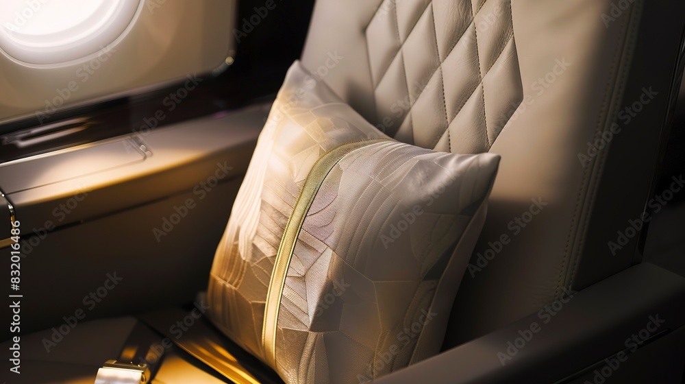 Fototapeta premium Detailed stitching and fabric of an airplane seat, luxury class, soft lighting to emphasize comfort and quality. 