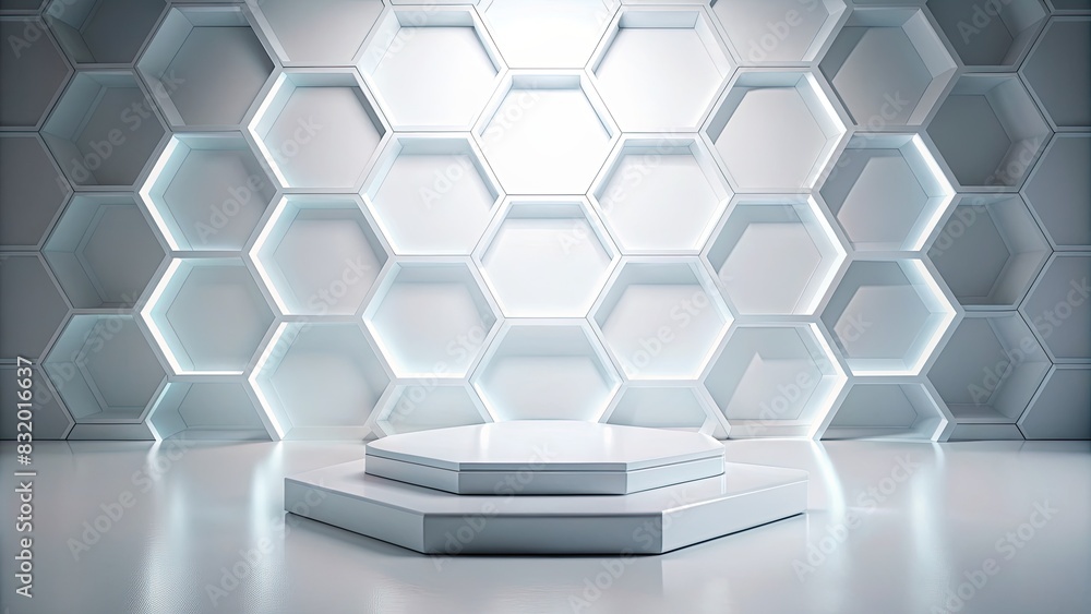 Elegant podium with a geometric white hexagon background. Elegant podium with a geometric white hexagon background.
