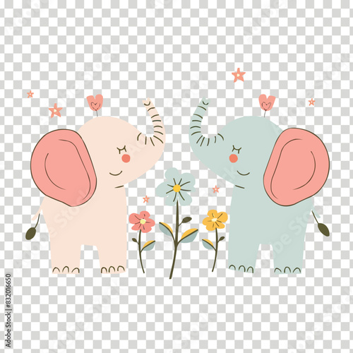 Happy elephant and flowers in cute cartoon style illustration