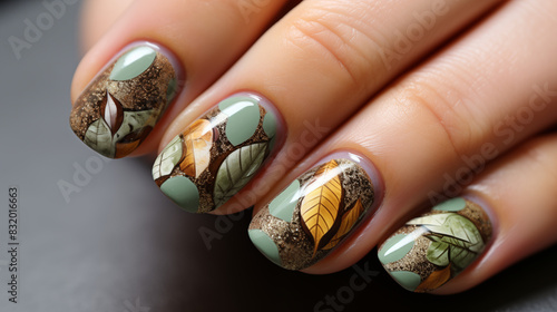 Closeup nail art inspired by nature green and brown
