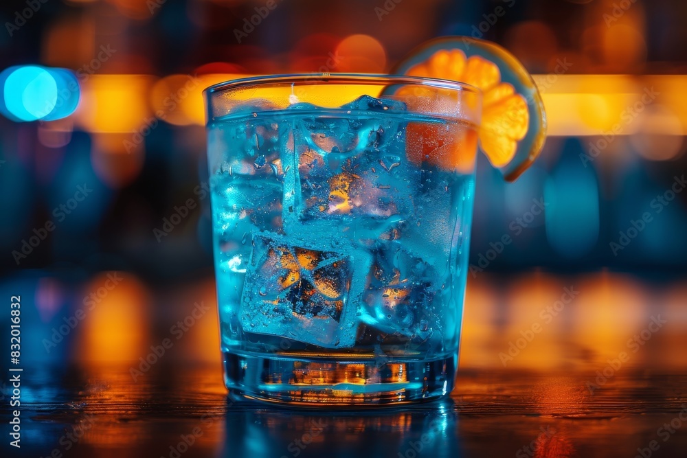 Refreshing cocktail with lemon slice in a vibrant bar setting, featuring colorful bokeh lights in the background, capturing the lively and festive atmosphere of nightlife Refreshing cocktail with lemon slice in a vibrant bar setting, featuring colorful bokeh lights in the background, capturing the lively and festive atmosphere of nightlife